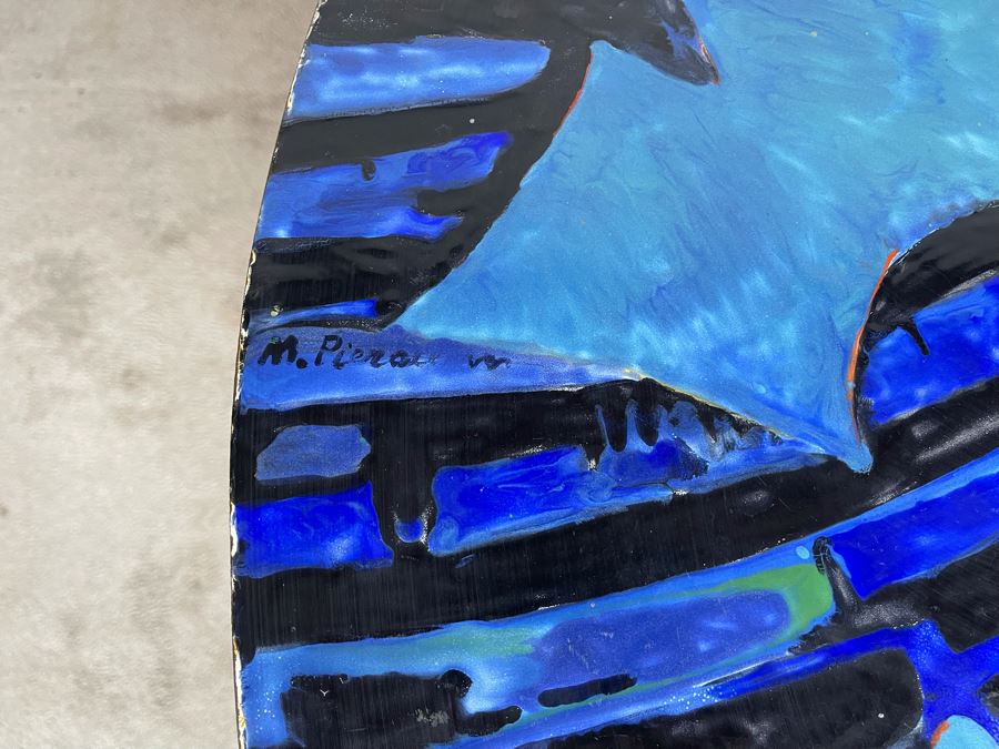 Vintage Signed Original Metal Enamel Top Table With Metal Base Unknown Artist - Signature Illegible 39.5R X 29.5H [Photo 9]