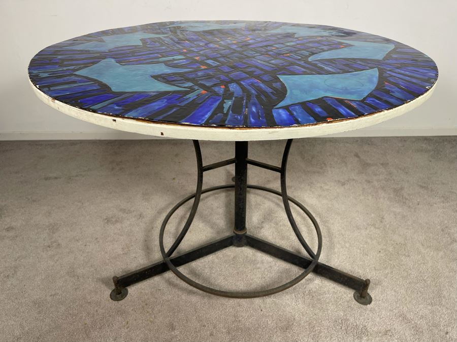 Vintage Signed Original Metal Enamel Top Table With Metal Base Unknown Artist - Signature Illegible 39.5R X 29.5H [Photo 2]
