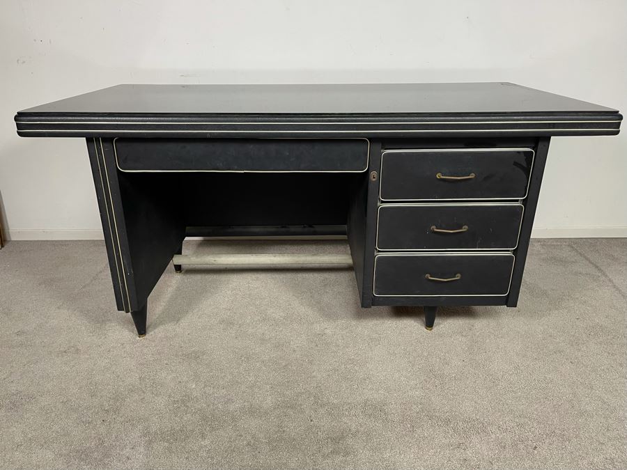Mid-Century Modern Black Executive Desk With Glass Top 62.5W X 31D X 30H [Photo 2]