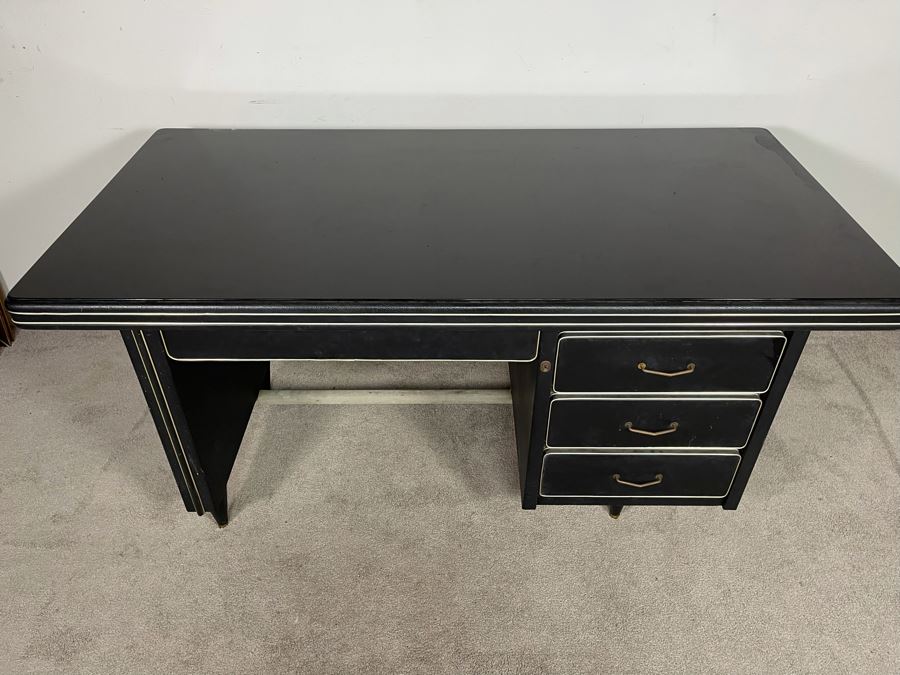 Mid-Century Modern Black Executive Desk With Glass Top 62.5W X 31D X 30H [Photo 6]