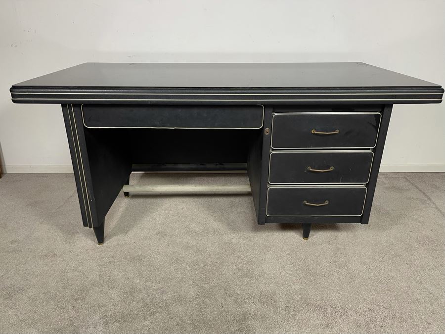 Mid-Century Modern Black Executive Desk With Glass Top 62.5W X 31D X 30H [Photo 4]