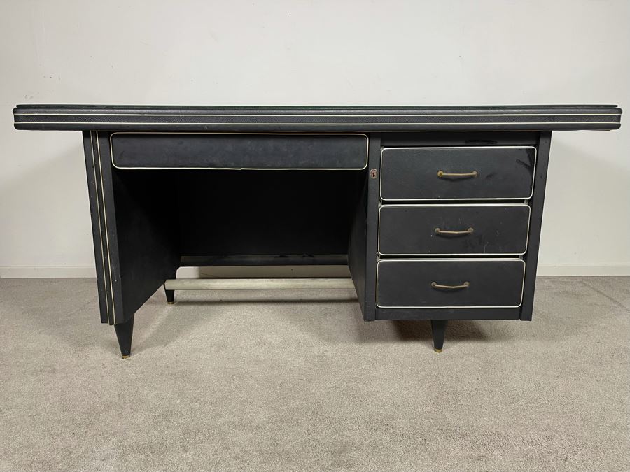 Mid-Century Modern Black Executive Desk With Glass Top 62.5W X 31D X 30H [Photo 3]