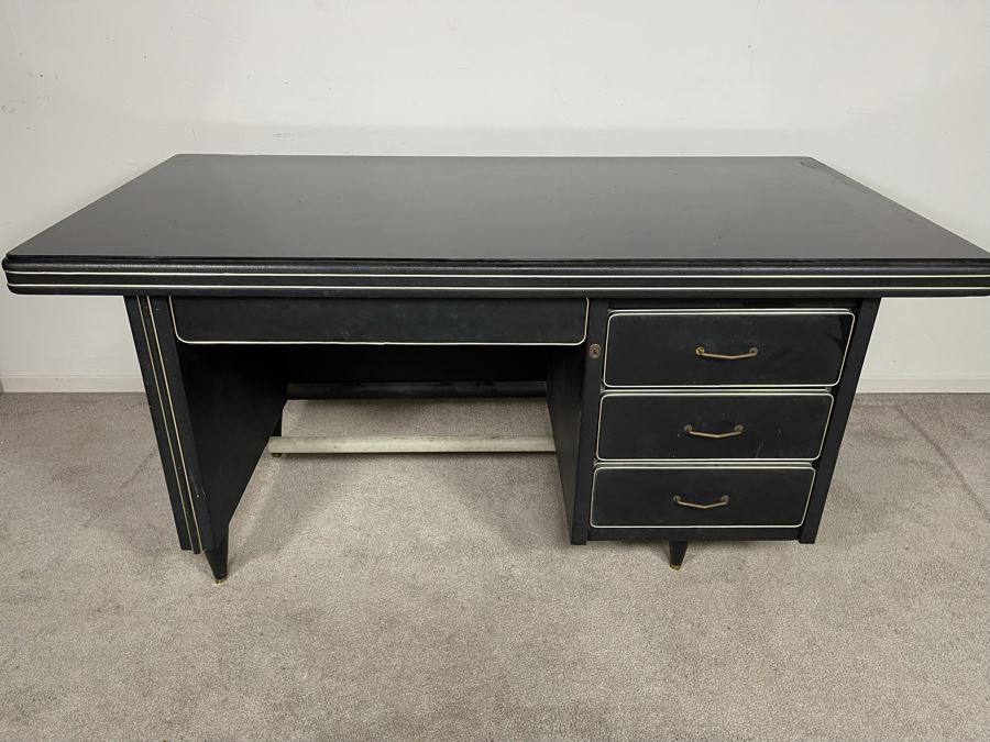 Mid-Century Modern Black Executive Desk With Glass Top 62.5W X 31D X 30H [Photo 5]
