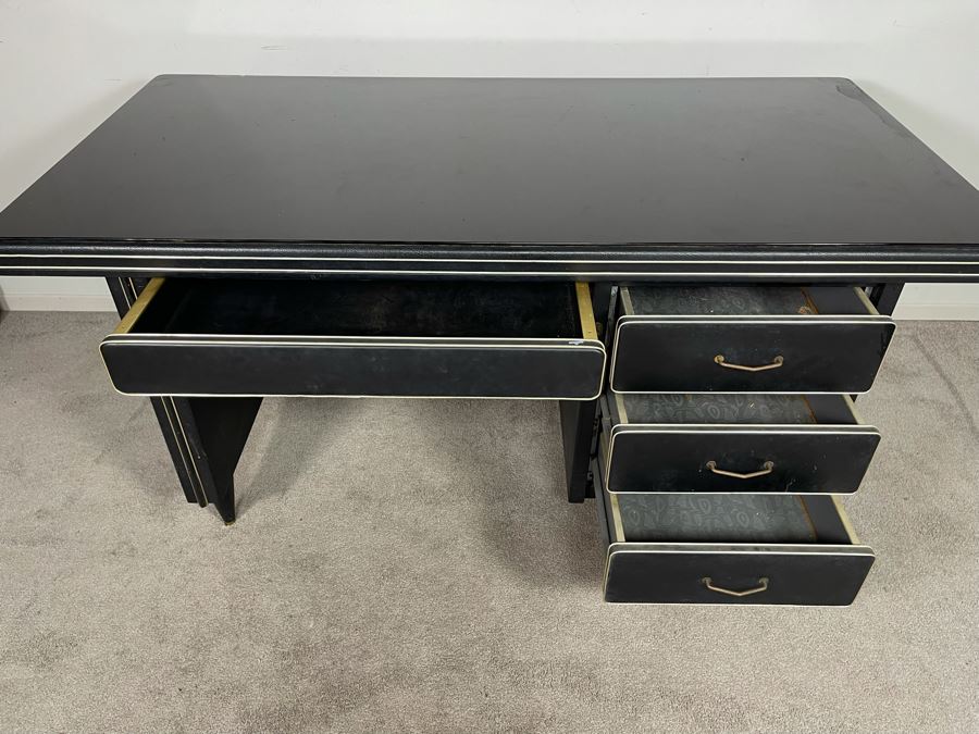Mid-Century Modern Black Executive Desk With Glass Top 62.5W X 31D X 30H [Photo 7]