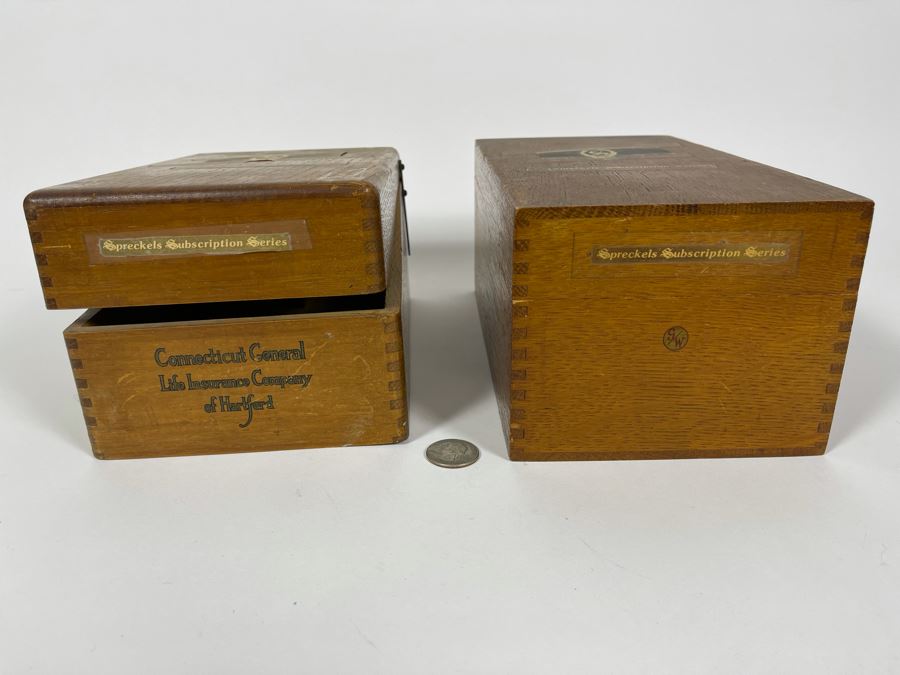 Pair Of Vintage Library Card File Wooden Boxes That Held Spreckels