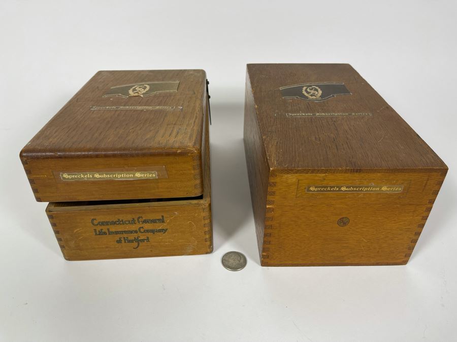 Pair Of Vintage Library Card File Wooden Boxes That Held Spreckels Theatre Membership Subscriptions