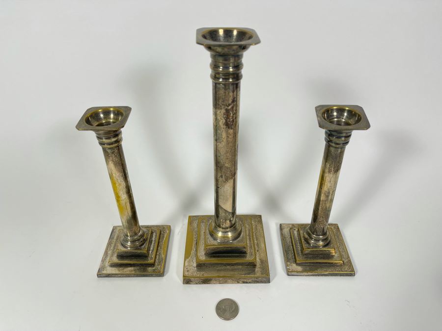 Set Of Three Silverplate Candlesticks Candle Holders [Photo 3]