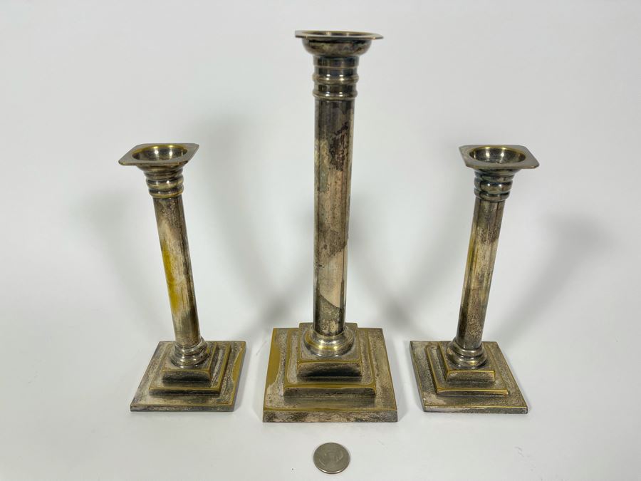 Set Of Three Silverplate Candlesticks Candle Holders [Photo 2]