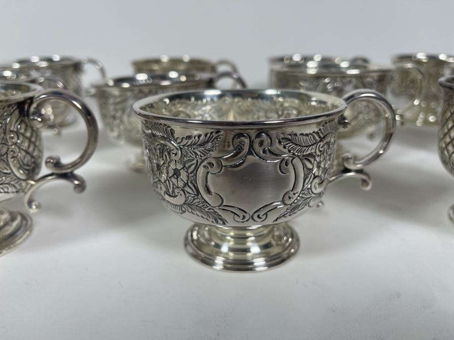 Large Silverplate Punch Bowl 15W X 9H With 11 Silverplate Footed Cups Hand Chased Made In Sheffield England [Photo 21]