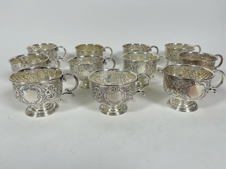 Large Silverplate Punch Bowl 15W X 9H With 11 Silverplate Footed Cups Hand Chased Made In Sheffield England [Photo 17]