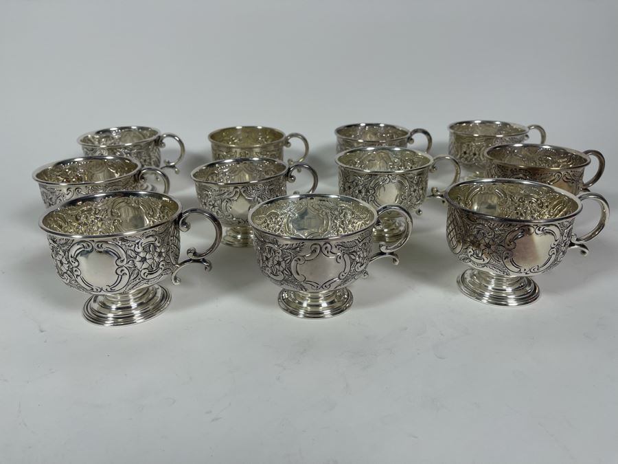 Large Silverplate Punch Bowl 15W X 9H With 11 Silverplate Footed Cups Hand Chased Made In Sheffield England [Photo 19]