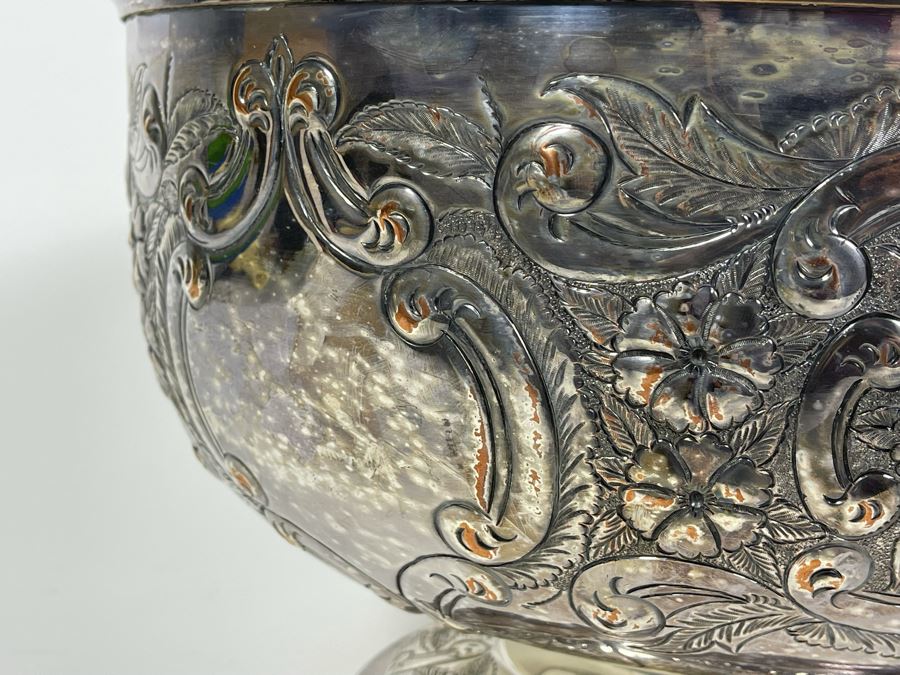 Large Silverplate Punch Bowl 15W X 9H With 11 Silverplate Footed Cups Hand Chased Made In Sheffield England [Photo 6]