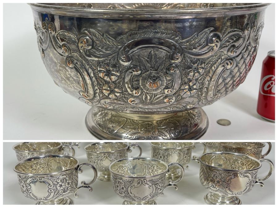 Large Silverplate Punch Bowl 15W X 9H With 11 Silverplate Footed Cups Hand Chased Made In Sheffield England [Photo 1]