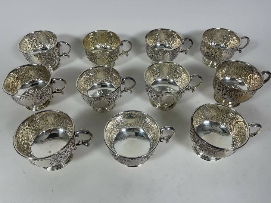 Large Silverplate Punch Bowl 15W X 9H With 11 Silverplate Footed Cups Hand Chased Made In Sheffield England [Photo 20]