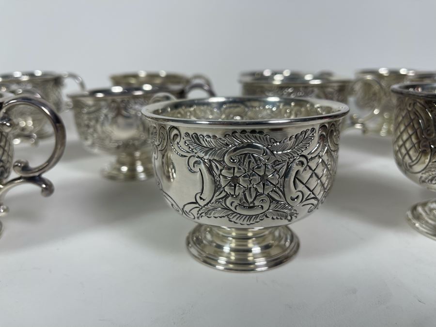 Large Silverplate Punch Bowl 15W X 9H With 11 Silverplate Footed Cups Hand Chased Made In Sheffield England [Photo 23]