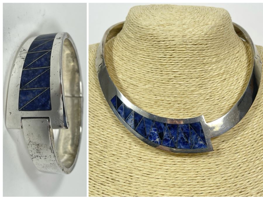 Sterling Silver Signed Modernist Inlay Necklace And Matching Bracelet Mexico Signed CRYS 255g [Photo 1]