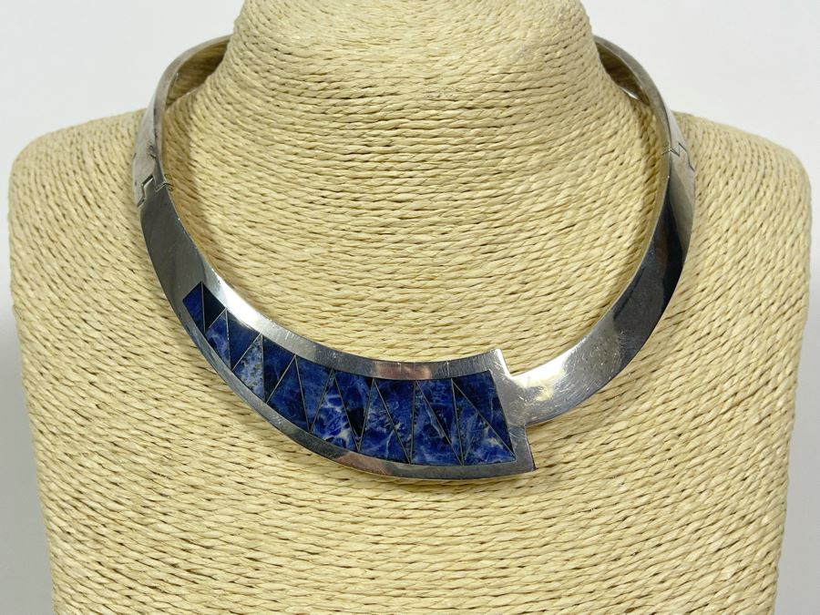 Sterling Silver Signed Modernist Inlay Necklace And Matching Bracelet Mexico Signed CRYS 255g [Photo 3]