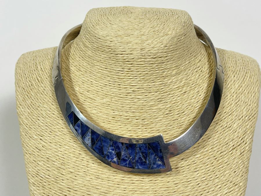 Sterling Silver Signed Modernist Inlay Necklace And Matching Bracelet Mexico Signed CRYS 255g [Photo 2]