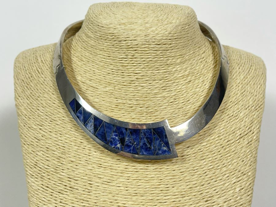 Sterling Silver Signed Modernist Inlay Necklace And Matching Bracelet Mexico Signed CRYS 255g [Photo 4]