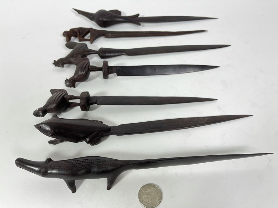 Collection Of Seven Carved Hardwood Animal Letter Openers From Africa [Photo 1]