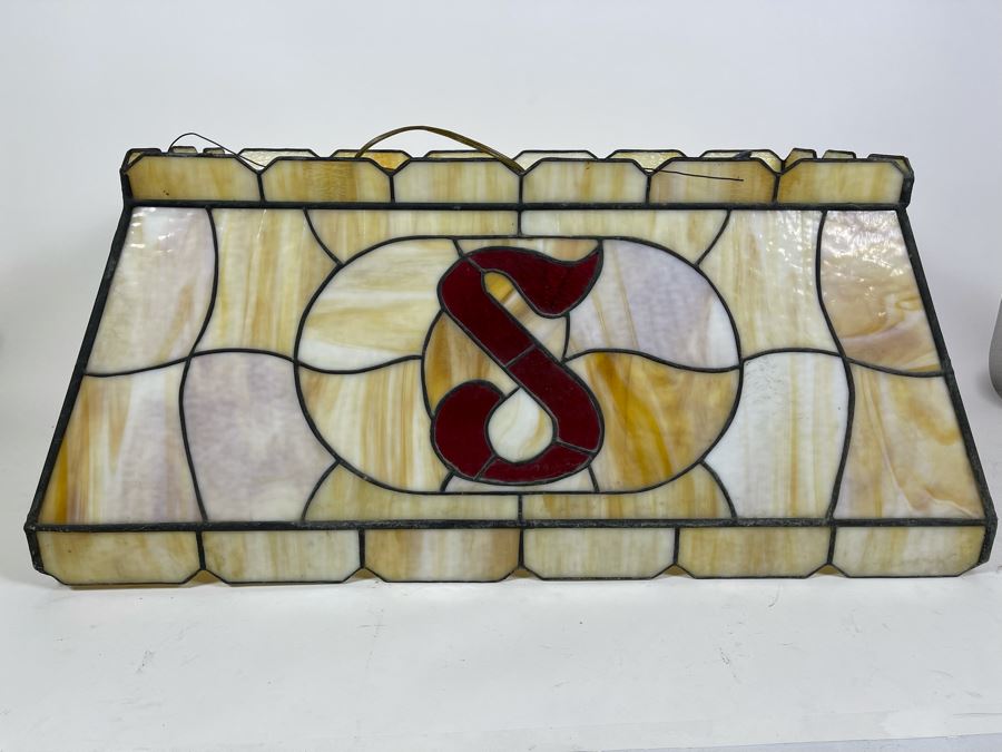 Vintage Swensen's Ice Cream Parlor From Spreckels Building San Diego Stained Glass Hanging Light Fixture (One Stained Glass Panel Needs Repair/Replacement - See Photos) 30.5W X 16D X 13.5H [Photo 9]
