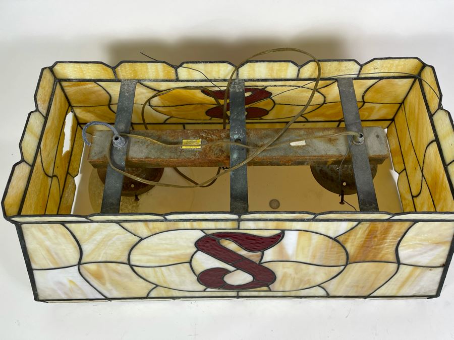 Vintage Swensen's Ice Cream Parlor From Spreckels Building San Diego Stained Glass Hanging Light Fixture (One Stained Glass Panel Needs Repair/Replacement - See Photos) 30.5W X 16D X 13.5H [Photo 5]