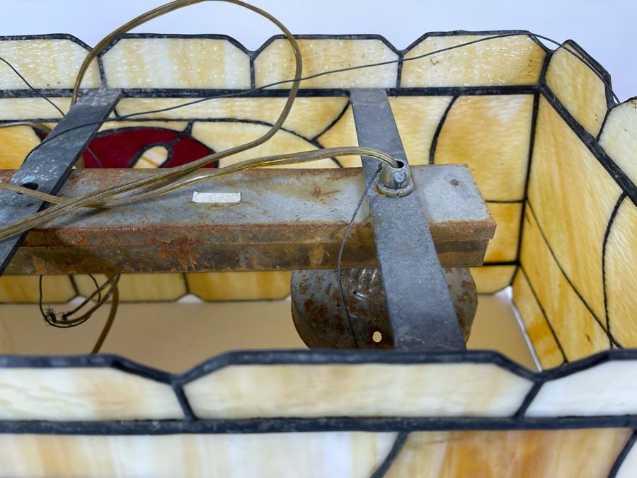 Vintage Swensen's Ice Cream Parlor From Spreckels Building San Diego Stained Glass Hanging Light Fixture (One Stained Glass Panel Needs Repair/Replacement - See Photos) 30.5W X 16D X 13.5H [Photo 7]