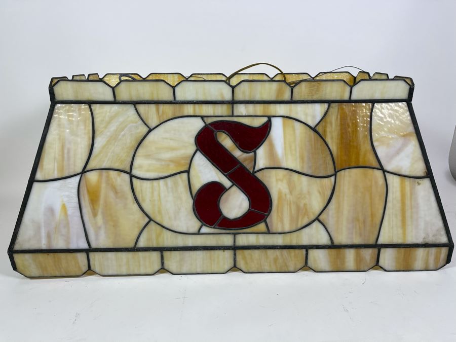 Vintage Swensen's Ice Cream Parlor From Spreckels Building San Diego Stained Glass Hanging Light Fixture (One Stained Glass Panel Needs Repair/Replacement - See Photos) 30.5W X 16D X 13.5H [Photo 3]