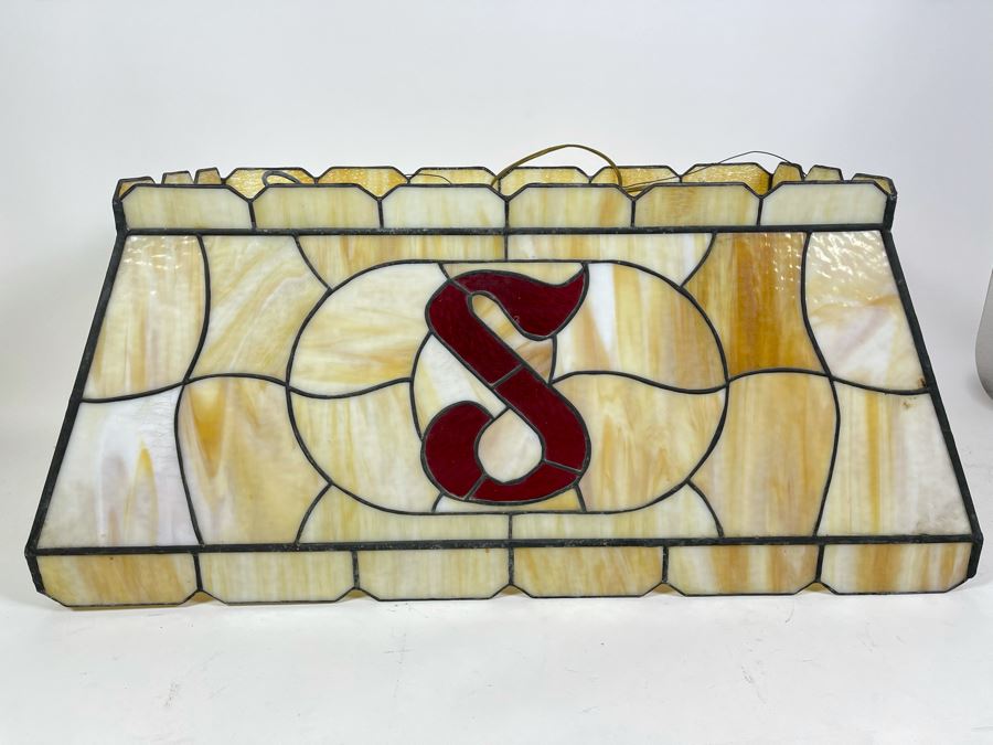 Vintage Swensen's Ice Cream Parlor From Spreckels Building San Diego Stained Glass Hanging Light Fixture (One Stained Glass Panel Needs Repair/Replacement - See Photos) 30.5W X 16D X 13.5H [Photo 2]