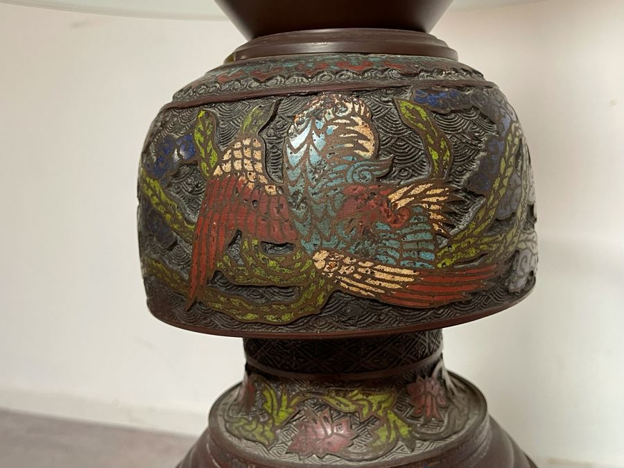 Vintage Impressive Japanese Champleve Bronze Torchiere Floor Lamp Featuring Elephants And Foo Dogs 68H X 24R (Needs Rewiring) - See Photos [Photo 11]