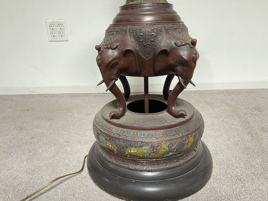 Vintage Impressive Japanese Champleve Bronze Torchiere Floor Lamp Featuring Elephants And Foo Dogs 68H X 24R (Needs Rewiring) - See Photos [Photo 5]