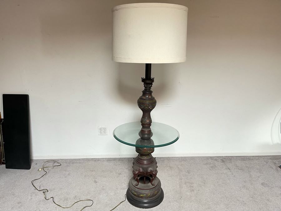 Vintage Impressive Japanese Champleve Bronze Torchiere Floor Lamp Featuring Elephants And Foo Dogs 68H X 24R (Needs Rewiring) - See Photos [Photo 3]