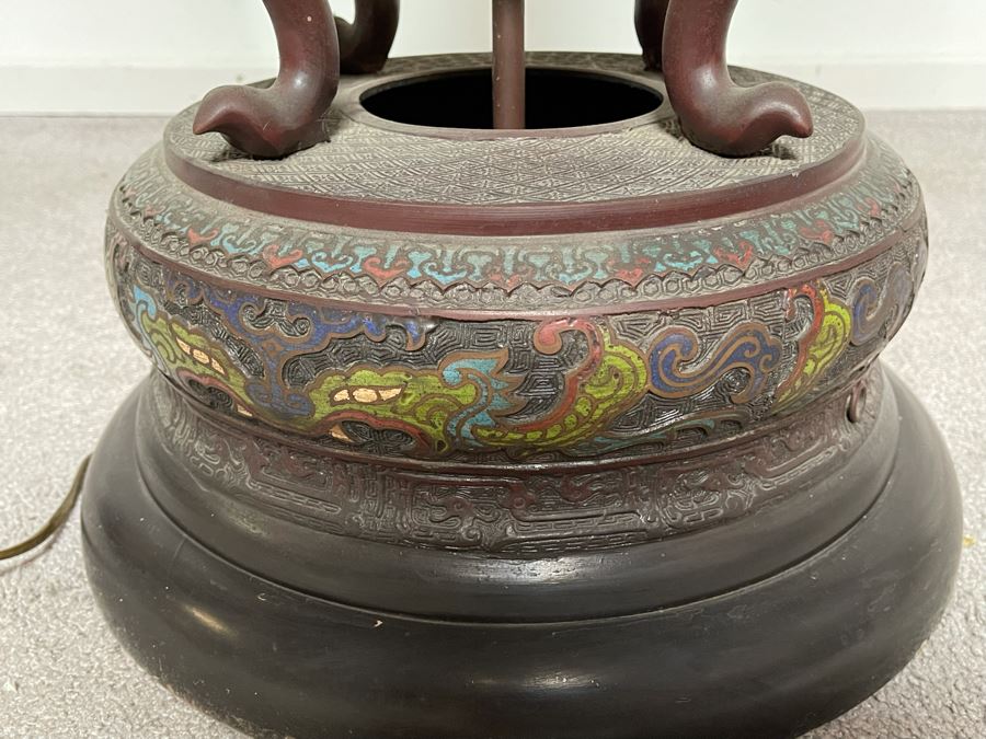 Vintage Impressive Japanese Champleve Bronze Torchiere Floor Lamp Featuring Elephants And Foo Dogs 68H X 24R (Needs Rewiring) - See Photos [Photo 8]