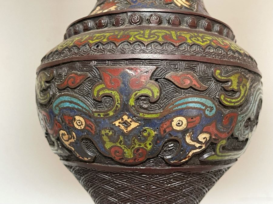 Vintage Impressive Japanese Champleve Bronze Torchiere Floor Lamp Featuring Elephants And Foo Dogs 68H X 24R (Needs Rewiring) - See Photos [Photo 14]