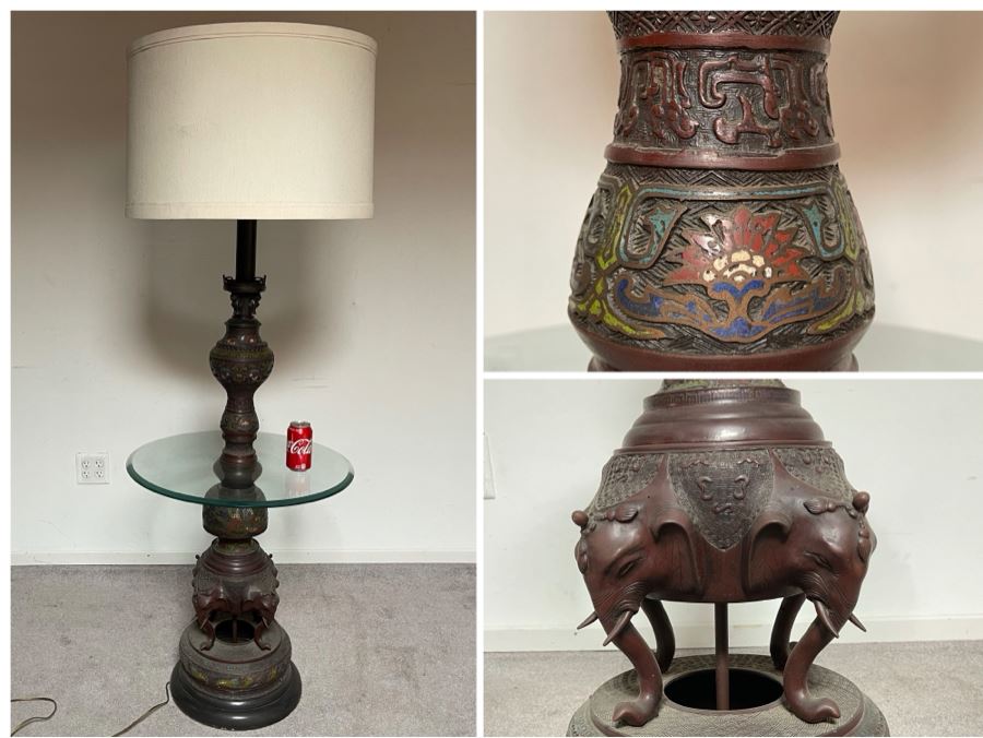Vintage Impressive Japanese Champleve Bronze Torchiere Floor Lamp Featuring Elephants And Foo Dogs 68H X 24R (Needs Rewiring) - See Photos