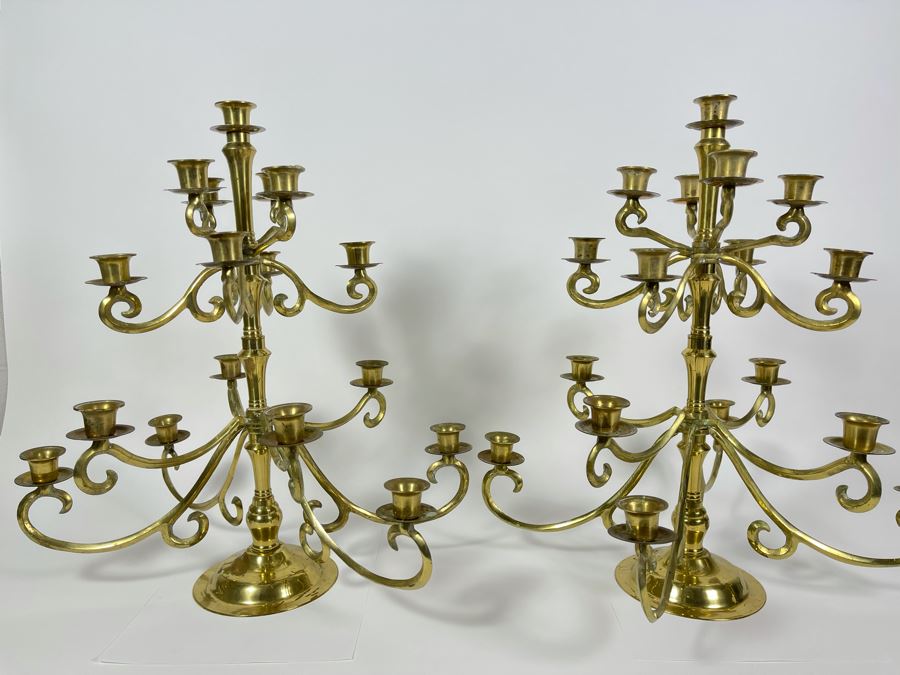JUST ADDED - Pair Of Vintage Brass Candelabras Arms Hinged Collapsible 18W X 19.5H [Photo 1]