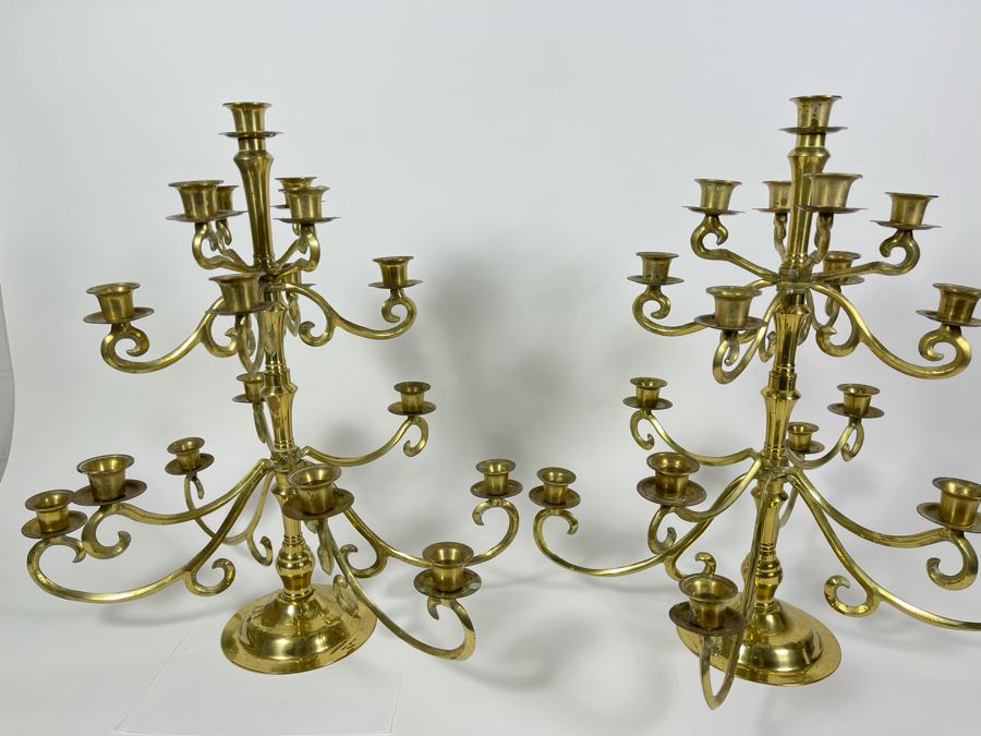 JUST ADDED - Pair Of Vintage Brass Candelabras Arms Hinged Collapsible 18W X 19.5H [Photo 2]