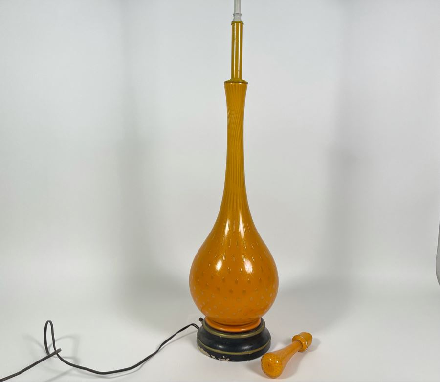 JUST ADDED - Vintage Orange Murano Glass Table Lamp With Matching Murano Glass Finial Needs Rewiring 45H