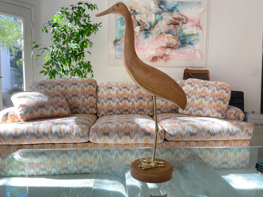 Wood And Brass Crane Bird Sculpture 31H