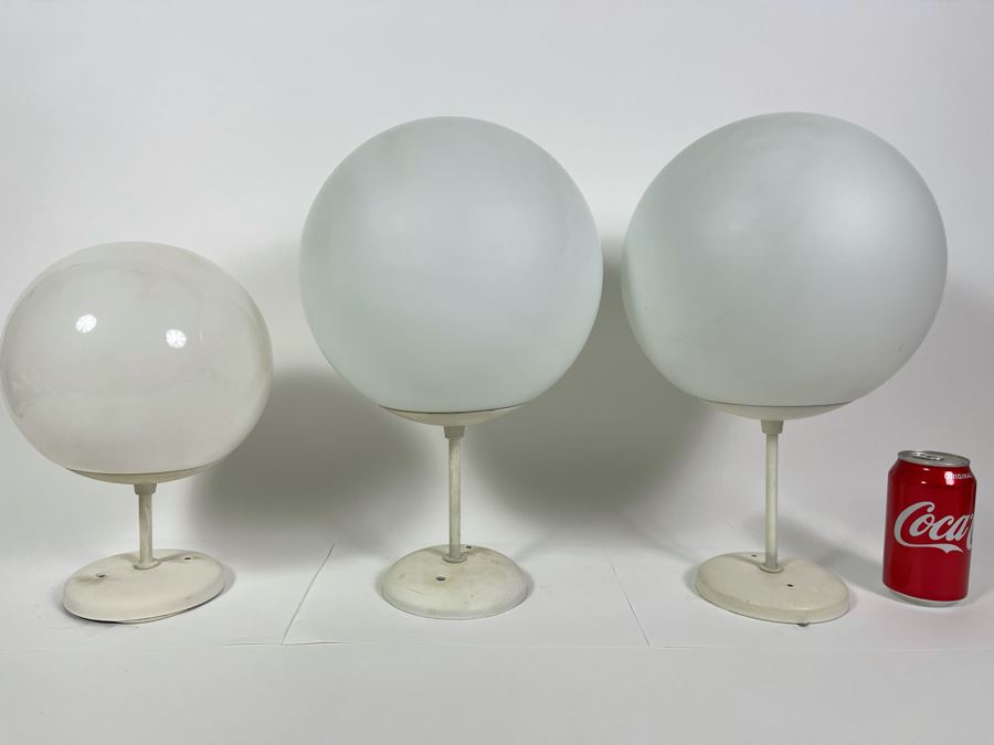 JUST ADDED - Set Of Three Mid-Century Modern White Glass Globe Pendant Light Fixtures 7.5R & 9R [Photo 4]