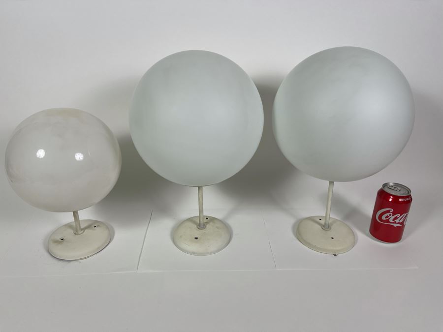 JUST ADDED - Set Of Three Mid-Century Modern White Glass Globe Pendant Light Fixtures 7.5R & 9R [Photo 6]