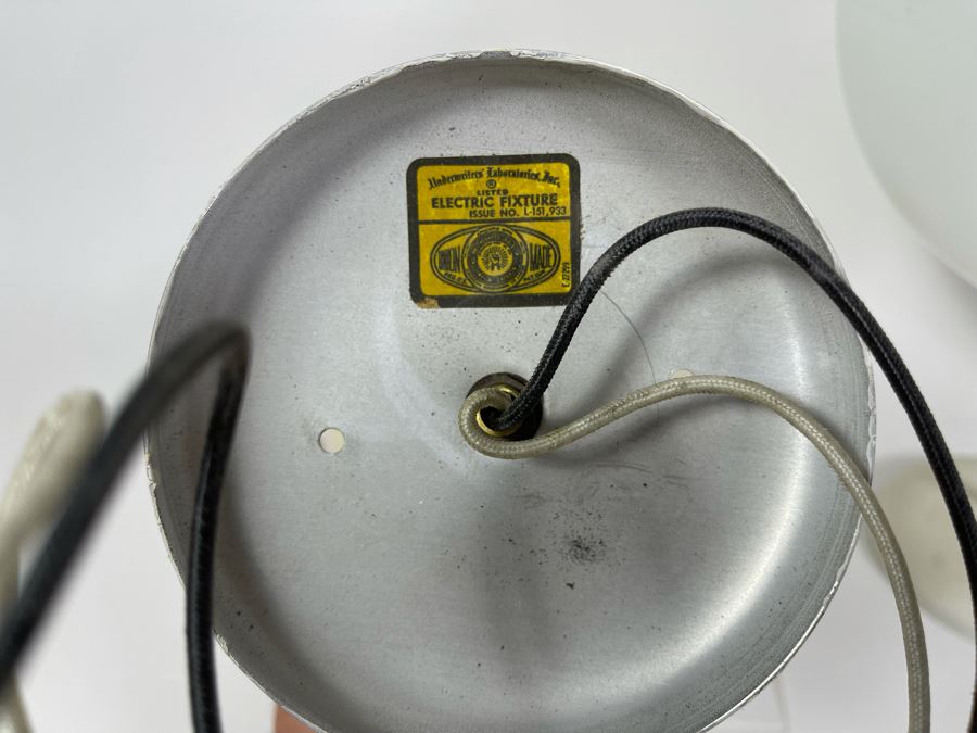 JUST ADDED - Set Of Three Mid-Century Modern White Glass Globe Pendant Light Fixtures 7.5R & 9R [Photo 7]