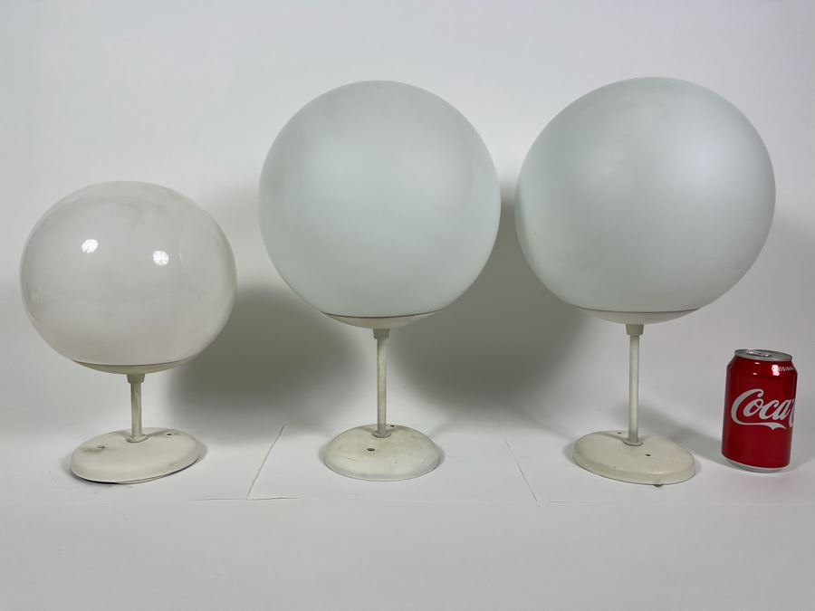 JUST ADDED - Set Of Three Mid-Century Modern White Glass Globe Pendant Light Fixtures 7.5R & 9R [Photo 2]