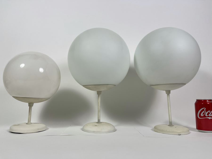 JUST ADDED - Set Of Three Mid-Century Modern White Glass Globe Pendant Light Fixtures 7.5R & 9R [Photo 5]