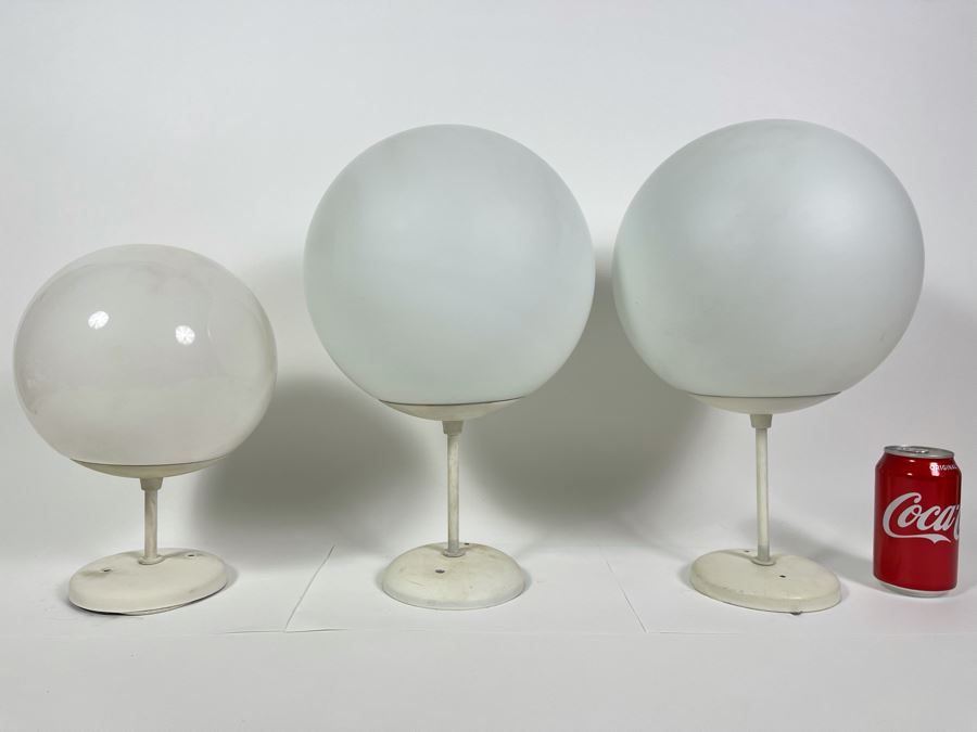 JUST ADDED - Set Of Three Mid-Century Modern White Glass Globe Pendant Light Fixtures 7.5R & 9R