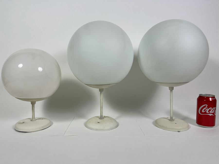 JUST ADDED - Set Of Three Mid-Century Modern White Glass Globe Pendant Light Fixtures 7.5R & 9R [Photo 3]