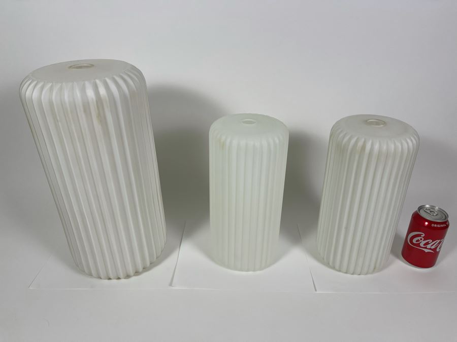 JUST ADDED - Set Of Three Mid-Century Modern Frosted White Glass Lamp Light Fixture Shades 12H & 16H [Photo 3]