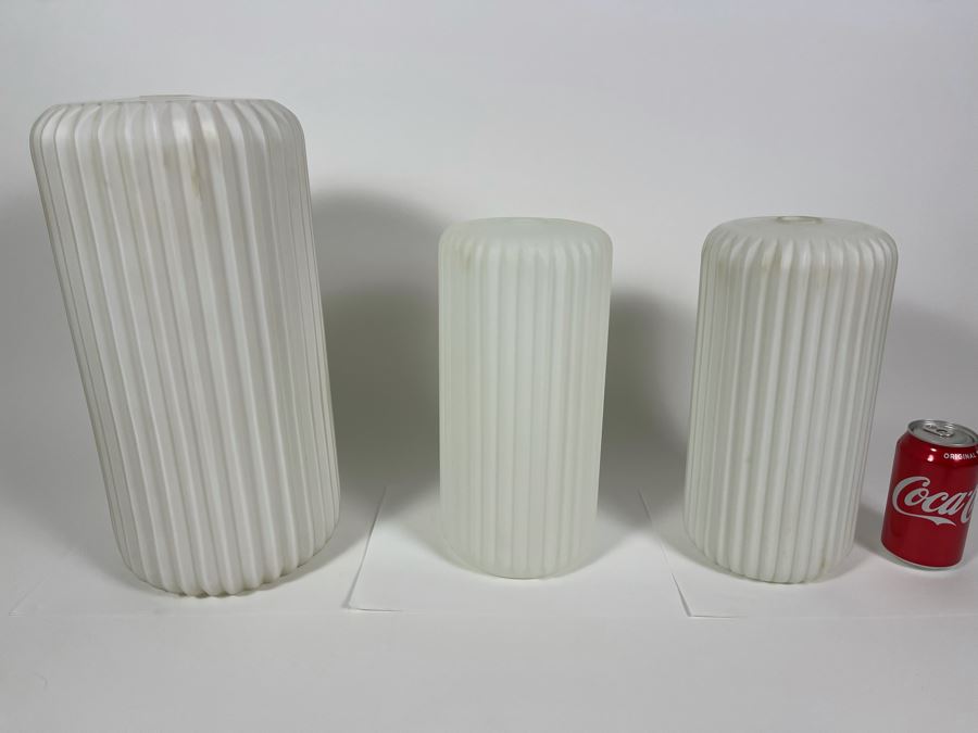 JUST ADDED - Set Of Three Mid-Century Modern Frosted White Glass Lamp Light Fixture Shades 12H & 16H [Photo 2]