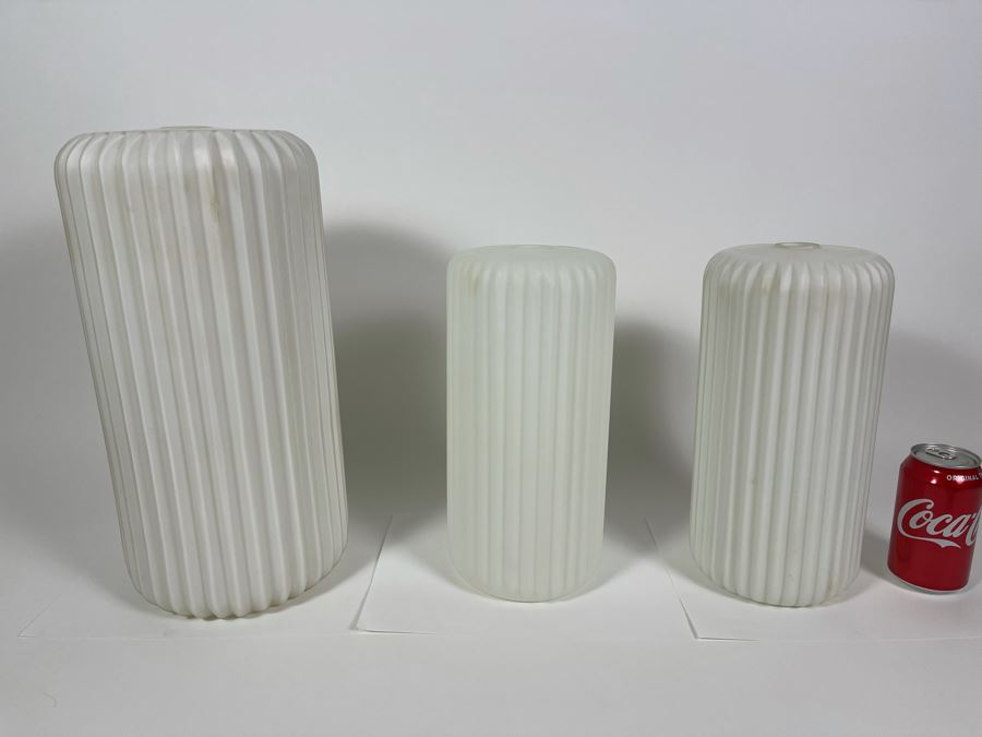JUST ADDED - Set Of Three Mid-Century Modern Frosted White Glass Lamp Light Fixture Shades 12H & 16H