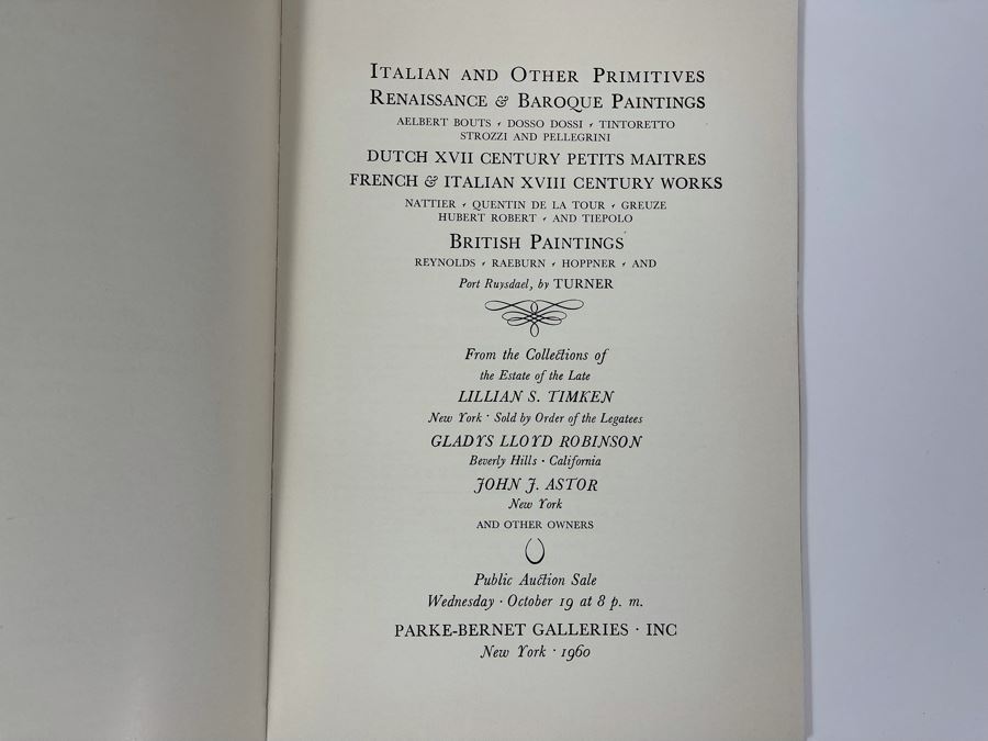 JUST ADDED - Vintage 1960 Parke-Bernet Galleries Auction Catalog Featuring Artwork From Lillian S. Timken (Of Timken Museum Of Art Balboa Park) Items Priced 980 Madison Avenue New York [Photo 4]
